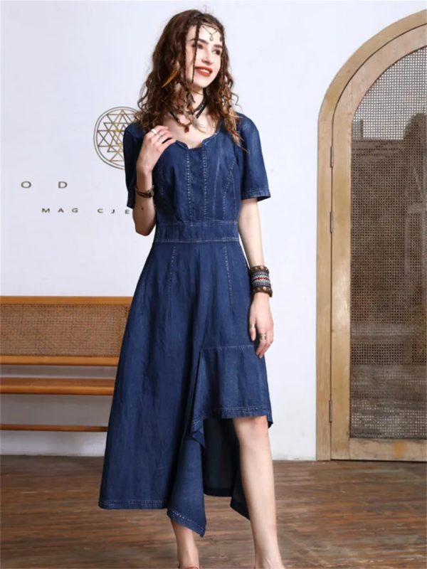 Women Summer Asymmetrical Puff Sleeve Vintage A-Line Jeans Dress V-Neck High Waisted Irregular Denim Dress