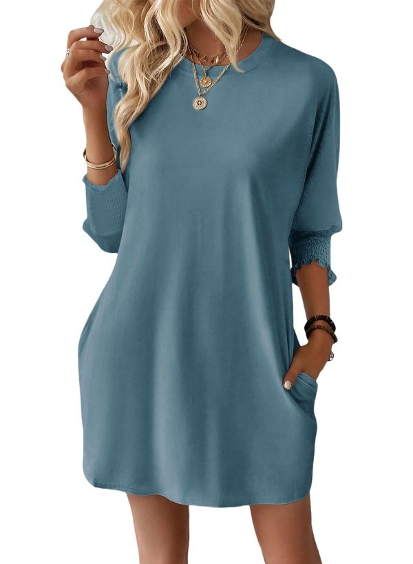 Womens Dresses 2025 Spring 3/4 Sleeve Fashion Dresses Crewneck Casual Mini Dress with Pockets S-XL