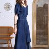 Women Summer Asymmetrical Puff Sleeve Vintage A-Line Jeans Dress V-Neck High Waisted Irregular Denim Dress
