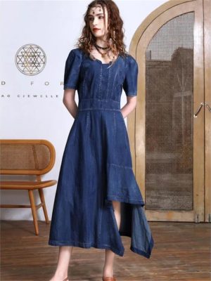 Women Summer Asymmetrical Puff Sleeve Vintage A-Line Jeans Dress V-Neck High Waisted Irregular Denim Dress