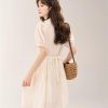 Women Puff Sleeve V-Neck Lace-Up A-LINE Knee-Length Slim Fit Dresses