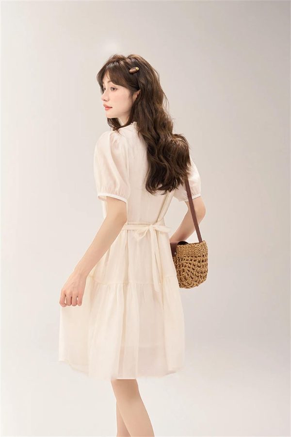 61GYWl4MIHL.jpg Women Puff Sleeve V-Neck Lace-Up A-LINE Knee-Length Slim Fit Dresses
