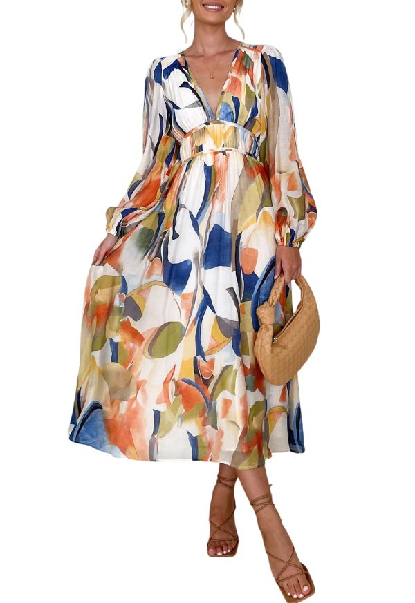 61GzuWVJqRL.jpg Women's Long Sleeve Boho Floral Maxi Dress Smocked Beach Flowy Dress