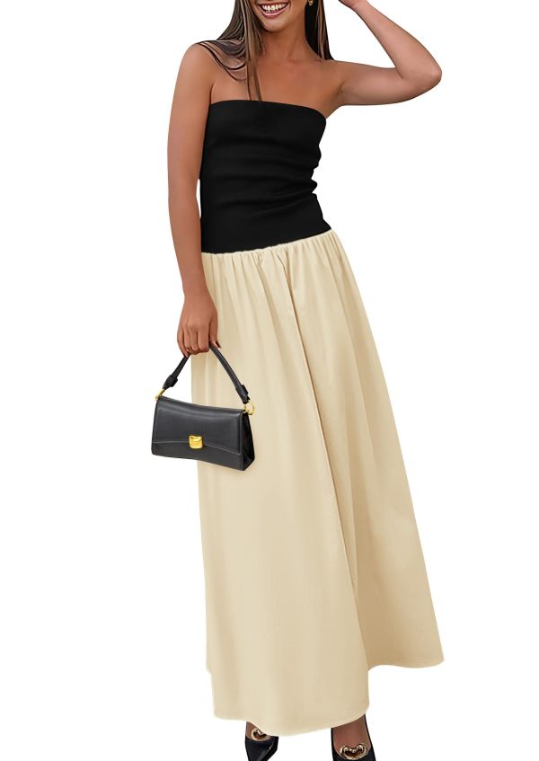 61HLLkKXP9L.jpg Women's 2025 Spring Strapless Maxi Dresses Patchwork Long Flowy Pockets Elegant Going Out Summer Tube Top Dress