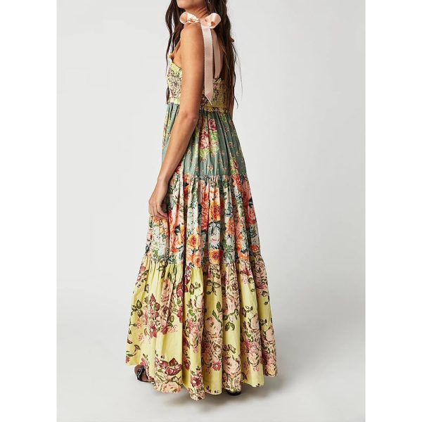 61Ht8UVfQ9L.jpg Women Floral Boho Sundress Tie Shoulder Smocked Patchwork Flowy Maxi Dresses with Pockets Summer Fall