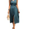 61IPBdPTqDL.jpg Women's Linen Midi Dress V Neck Sleeveless Waist Belt Slit Dresses with Pockets 100% Linen