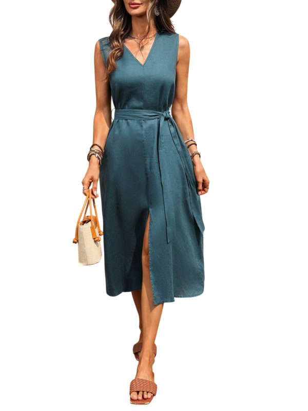 61IPBdPTqDL.jpg Women's Linen Midi Dress V Neck Sleeveless Waist Belt Slit Dresses with Pockets 100% Linen