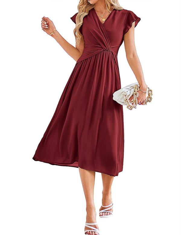 61J2wX9wfzL.jpg Womens Dresses Ruffle Short Sleeves Empire Waist Elastic V-Neck A-Line Maxi Dress Light Green & Wine Red 2 Sets