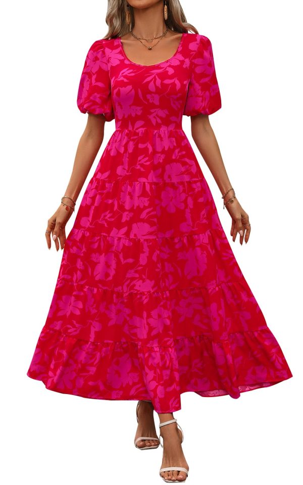 Womens Dresses 2025 Puff Sleeve Floral Casual Summer Dresses Smocked Backless Beach Flowy Tiered Maxi Dress