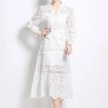 61KDjUyVo8L.jpg Women Solid Hollow Out Embroidery Dress V Neck Full Sleeve Spliced Lace Up Elegant Dress