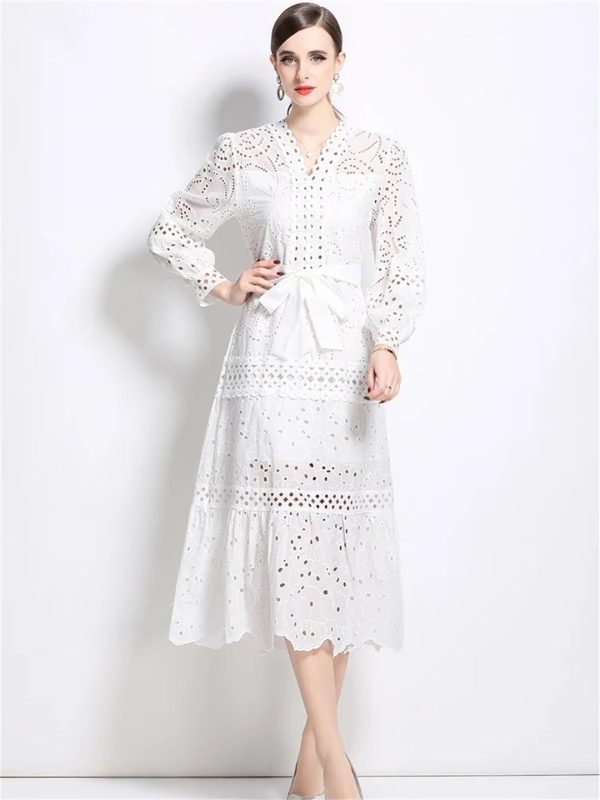 61KDjUyVo8L.jpg Women Solid Hollow Out Embroidery Dress V Neck Full Sleeve Spliced Lace Up Elegant Dress