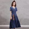 Women Vintage Short Sleeve Single Breasted Embroidery Floral Retro Dresses V-Neck A-Line Pleated Dress
