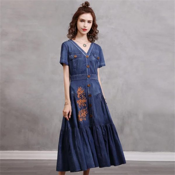 Women Vintage Short Sleeve Single Breasted Embroidery Floral Retro Dresses V-Neck A-Line Pleated Dress