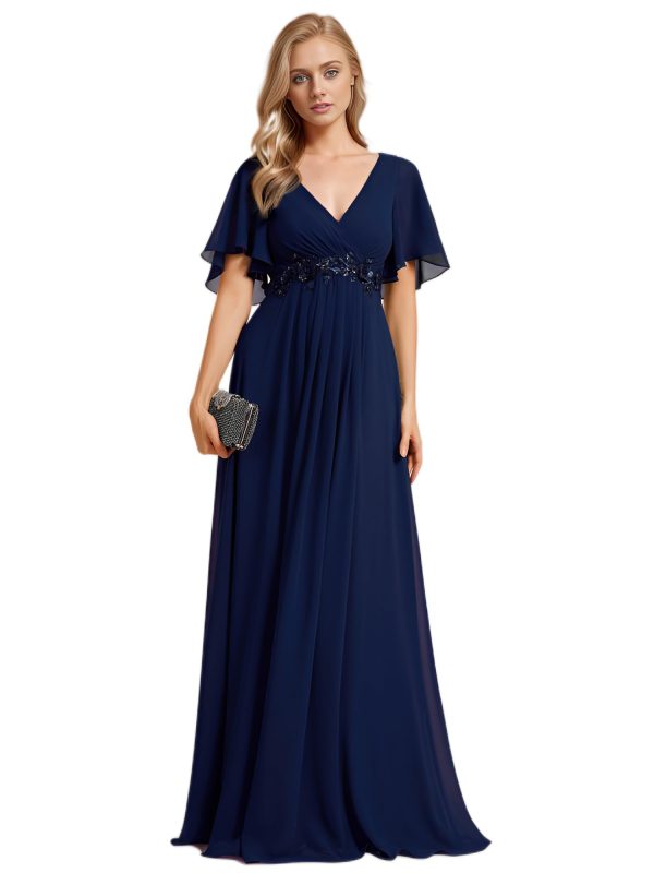 61M5b2de9aL.jpg Women's Mother's Dress Chiffon V Neck A Line Appliques Waist Formal Dresses 01960