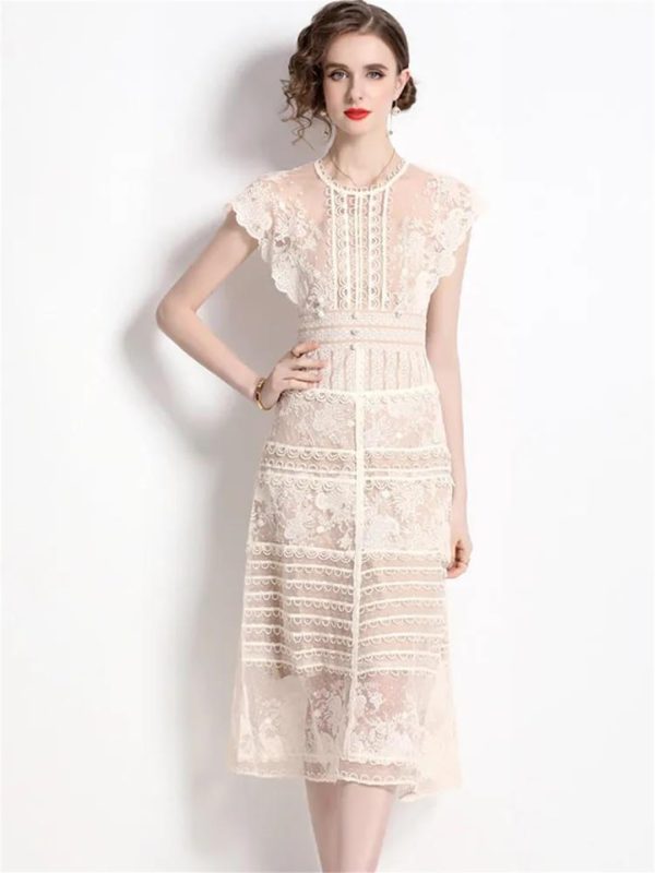 Women Summer Embroidery Flower Dress O-Neck Sleeveless Elegant Patchwork Runway Long Dress