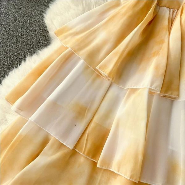 61MhaIUOgcL.jpg Tie-Dye Chiffon Dress Women Long Spaghetti Strap Backless Ruffles Tiered Yellow Summer Beach Party Maxi Dress