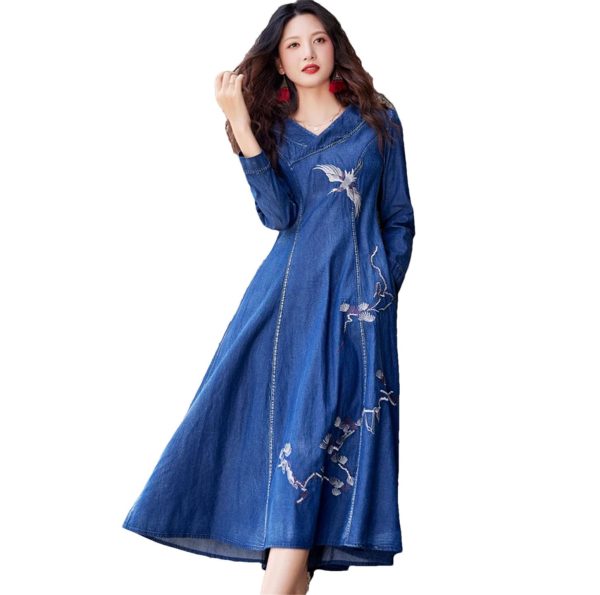 61N4vgnLiaL.jpg Women Long Sleeve Vintage A-Line Midi Dress Chinese Style Embroidery Jeans Dress V-Neck Denim Dress