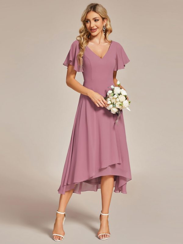 61ObV7FyOL.jpg Women's V Neck Ruffle Sleeves Irregular Chiffon A-Line Midi Wedding Guest Dresses 01756