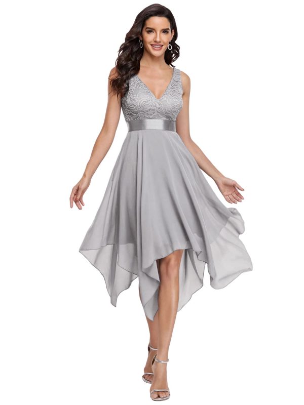 Women's Vintage V Neck Irregular Hem Lace A Line Chiffon Cocktail Dresses 00207