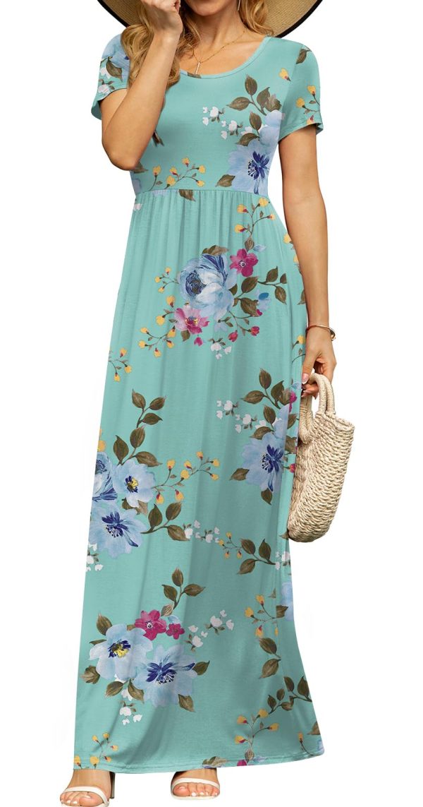 Women's Short Sleeve Maxi Dresses Casual Empire Waist Long Dress with Pockets
