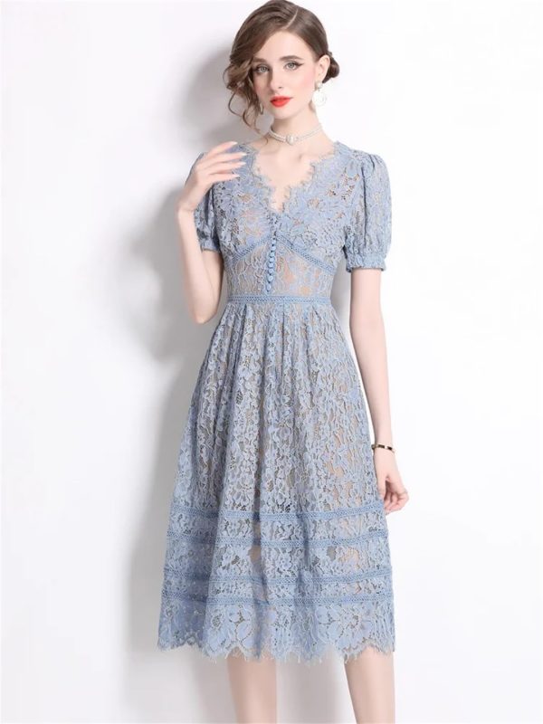 61Pjxh2JDQL.jpg Womens Big Swing Lace Hollow Out Dress Vintage Elegant Slim High Waist Single Breasted Sexy V-Neck Dress