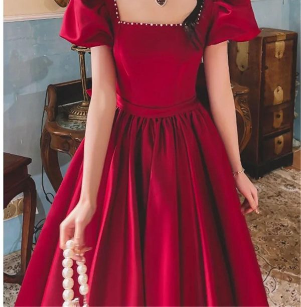 61QBNf9U06L.jpg Women’S Beaded Bow Accent Midi Dress - Square Neck Satin for Spring Weddings & Parties