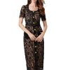 Women Vintage Pink Lace Square Neck Gold Button Lace Hollow Out Fragrance Dress