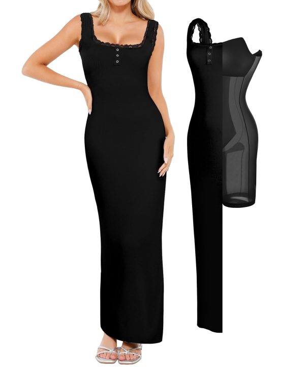 61S18Dkd7mL.jpg Shapewear Tank Dress Summer Maxi Dress Built-in Bra Square Neck Lace Trim Going Out Vacation Dresses for Women