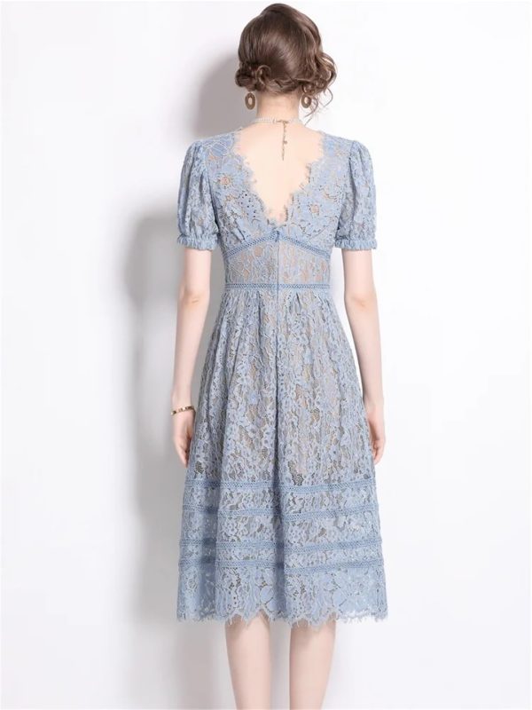 61SD2-5tFPL.jpg Womens Big Swing Lace Hollow Out Dress Vintage Elegant Slim High Waist Single Breasted Sexy V-Neck Dress