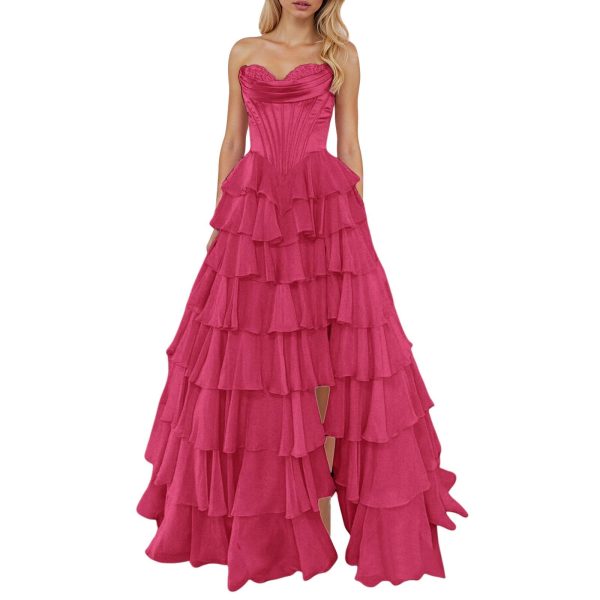 61SQpZYcpL.jpg Tulle Floral Prom Dresses for Teens 2025 Tiererd Long Ball Gown Strapless Sweetheart Formal Evening Gowns with Slit