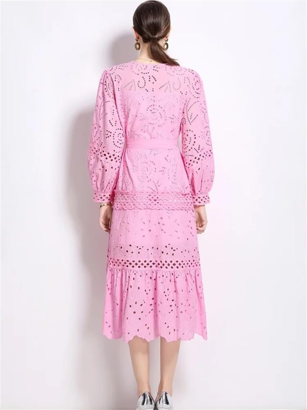 61SrEy33RL.jpg Women Solid Hollow Out Embroidery Dress V Neck Full Sleeve Spliced Lace Up Elegant Dress