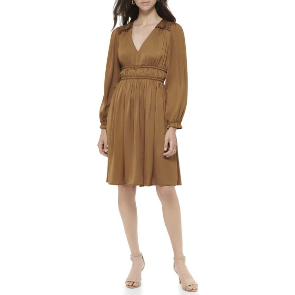 Women's Fit and Flare Woven Long Sleeve V-neck Dress