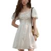 Women Square Neck Lace Dress Lace Up Waist Slim French A-LINE Dresses