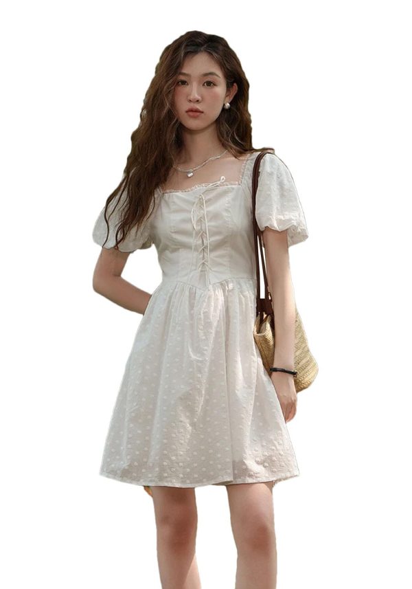 61T0emKKxhL.jpg Women Square Neck Lace Dress Lace Up Waist Slim French A-LINE Dresses