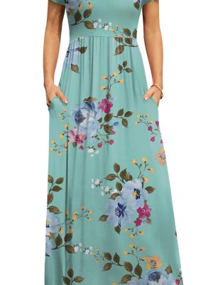 Women's Short Sleeve Maxi Dresses Casual Empire Waist Long Dress with Pockets