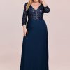 Women's Plus Size V-Neck Sparkle Sequins Chiffon 3/4 Sleevess Formal Dresses 0751-PZ