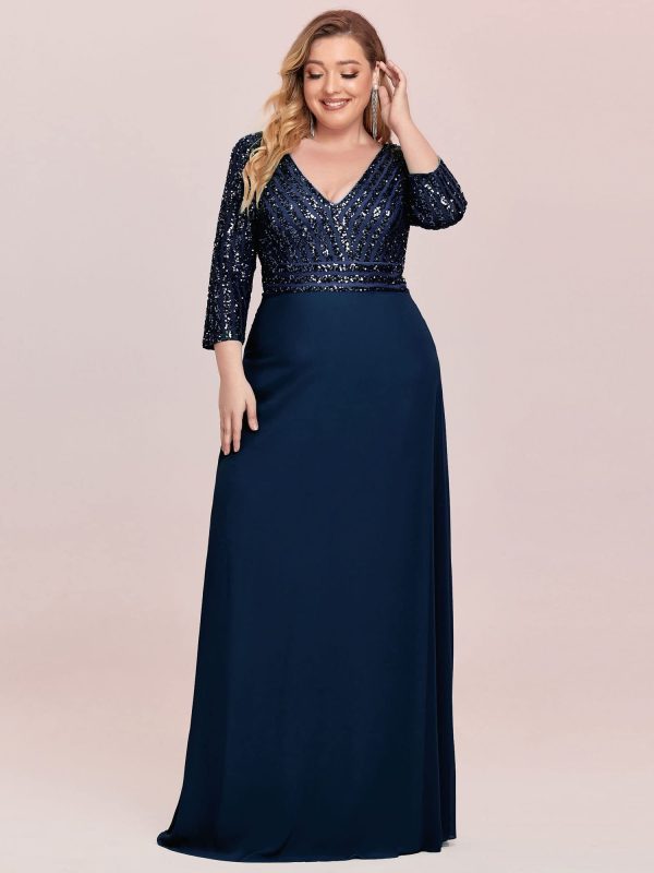 Women's Plus Size V-Neck Sparkle Sequins Chiffon 3/4 Sleevess Formal Dresses 0751-PZ