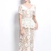61U-E8ulbGL.jpg Womens Elegant Temperament Lapel Short Sleeved Lace Hollow Out Dress Slim Waist Dress