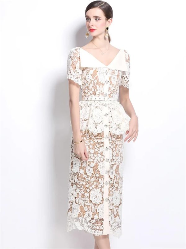 61U-E8ulbGL.jpg Womens Elegant Temperament Lapel Short Sleeved Lace Hollow Out Dress Slim Waist Dress