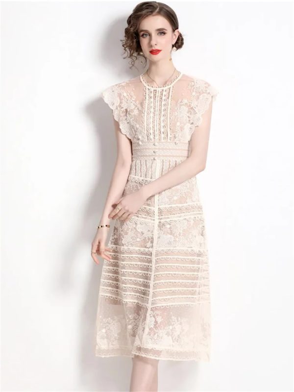 Women Summer Embroidery Flower Dress O-Neck Sleeveless Elegant Patchwork Runway Long Dress