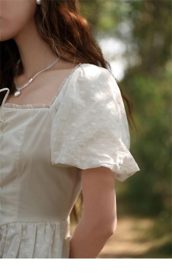 61UF1mWPRkL.jpg Women Square Neck Lace Dress Lace Up Waist Slim French A-LINE Dresses