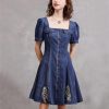 61UcjQsUoJL.jpg Women Square Collar Vintage Short A-Line Dress Slim Split Joint Single Breasted Mini Puff Sleeve Denim Dress