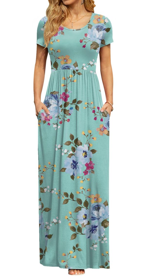 Women's Short Sleeve Maxi Dresses Casual Empire Waist Long Dress with Pockets