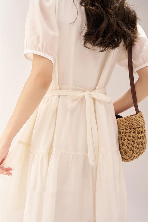 61VK2lwDtL.jpg Women Puff Sleeve V-Neck Lace-Up A-LINE Knee-Length Slim Fit Dresses