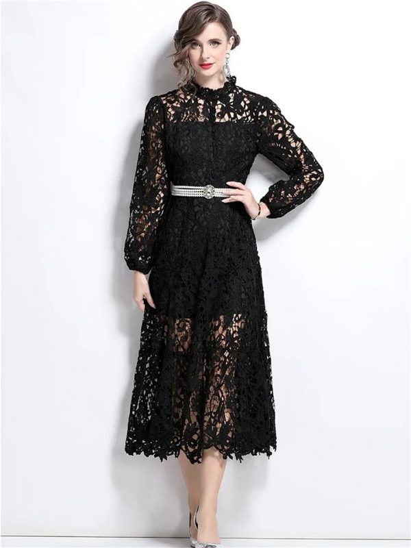 61Vdrs5GzDL.jpg Womens Water-Soluble Lace Embroidery Hollow Flower Dress Full Sleeve Vacation Long Dress