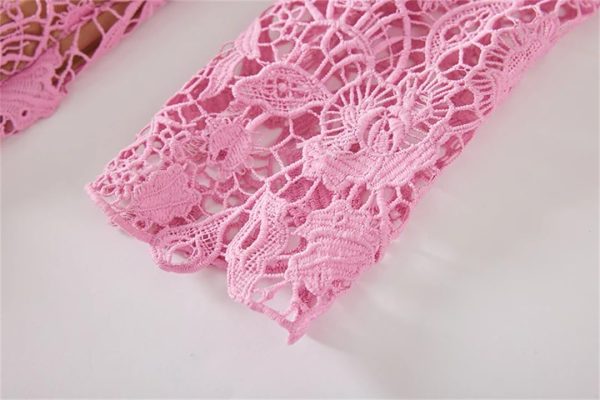 Women Vintage Pink Lace Square Neck Gold Button Lace Hollow Out Fragrance Dress