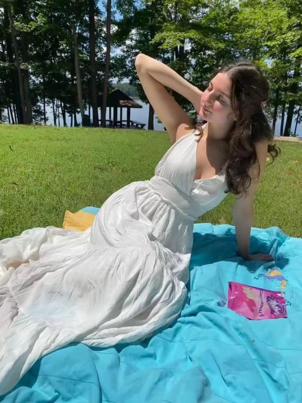 61W1ms07hKL.jpg Women's Summer V Neck Tie Strap Maxi Dress Halter Ruffle Hem Long Dresses Spaghetti Strap Long Flowy Dresses