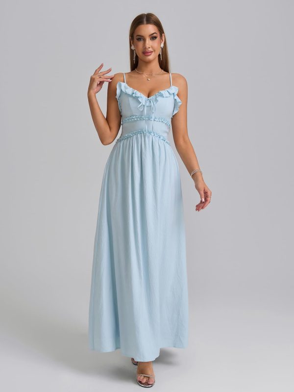 Summer Casual Maxi Sundress Ruffle V Neck Spaghetti Strap Boho Flowy Beach Vacation Long Dresses for Women 2025