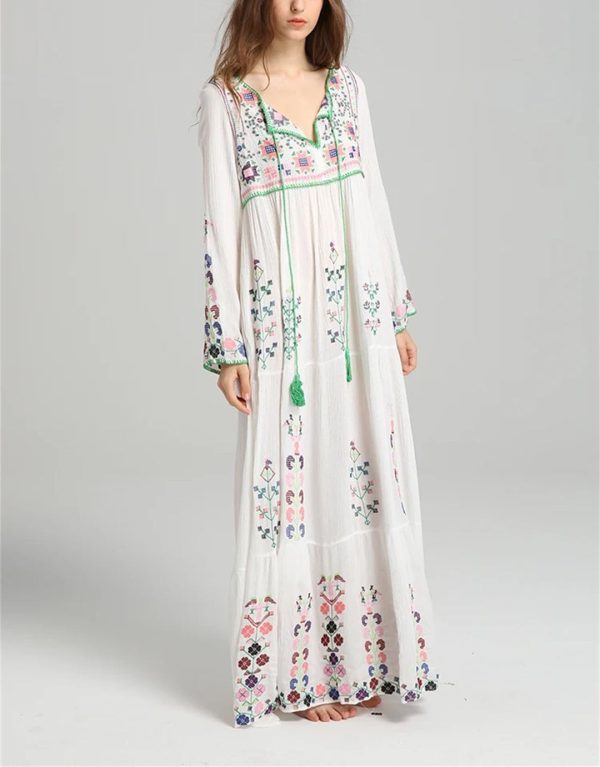 61Xqcuwn-OL.jpg Women's Boho Embroidery Long-Sleeved Floral V Neck Holiday Maxi Dresses