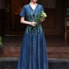 Women High Waisted Long A-Line Dress Embroidery Floral Vintage Cardigan Single Breasted Denim Dress